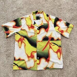 Zara x Rhuigi Shirt Mens Size Medium Yellow Neon Abstract Short Sleeve Camp